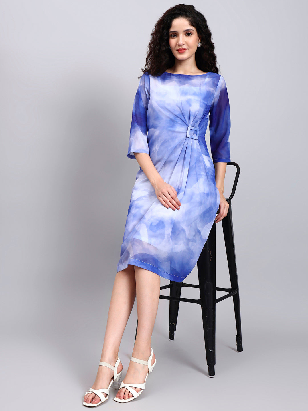Blue Serenity Watercolor-Effect Drape Dress with Buckle Detail