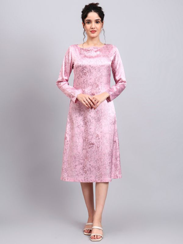 Elegant Pink Satin A-Line Dress with Marble Print and Comfort Fit