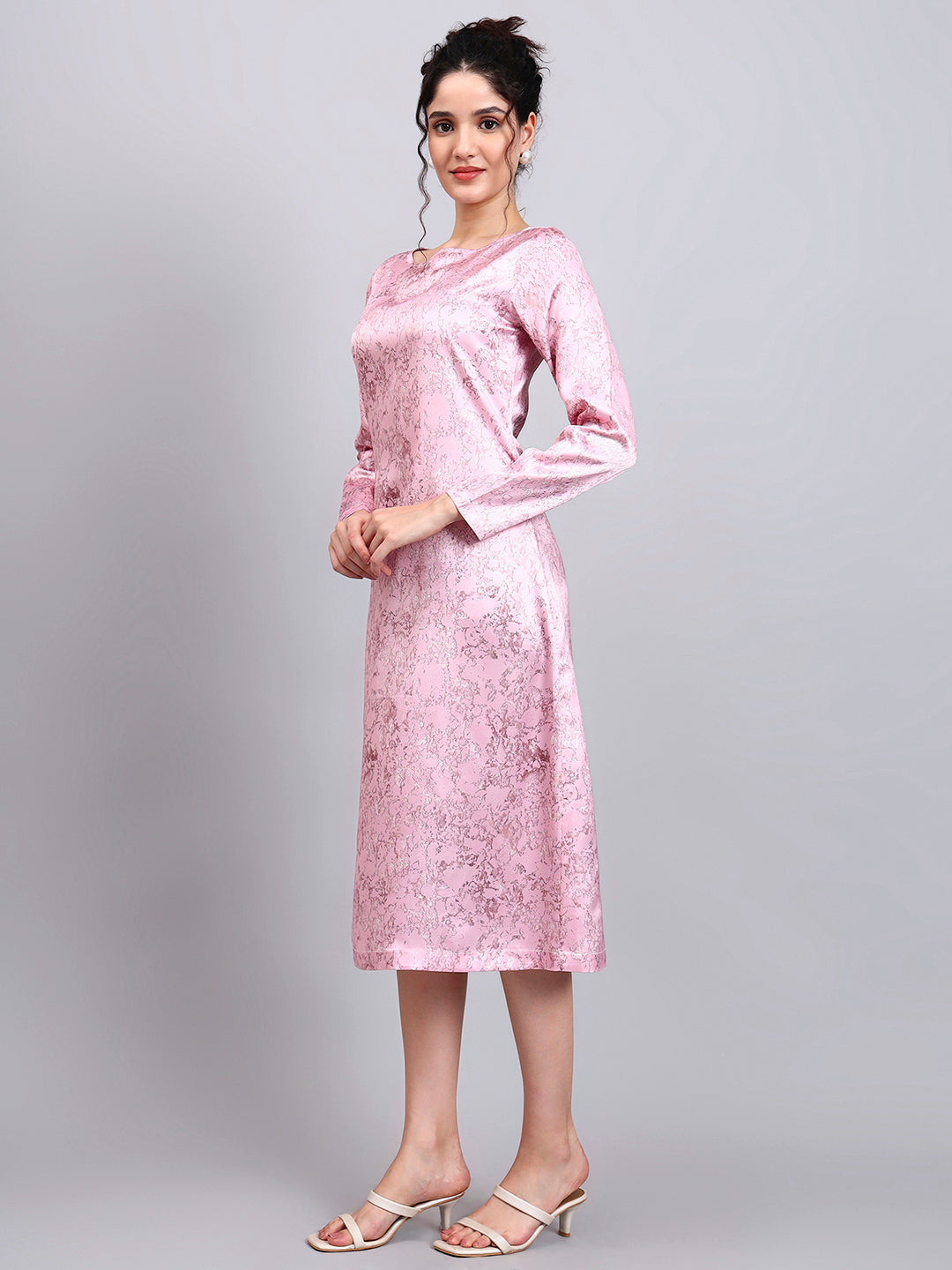 Elegant Pink Satin A-Line Dress with Marble Print and Comfort Fit