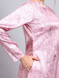 Elegant Pink Satin A-Line Dress with Marble Print and Comfort Fit