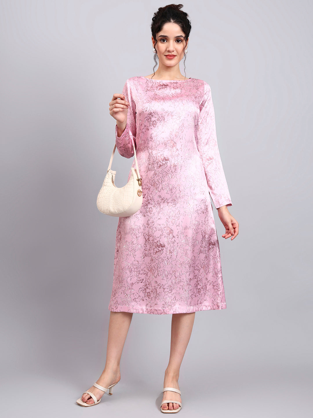 Elegant Pink Satin A-Line Dress with Marble Print and Comfort Fit