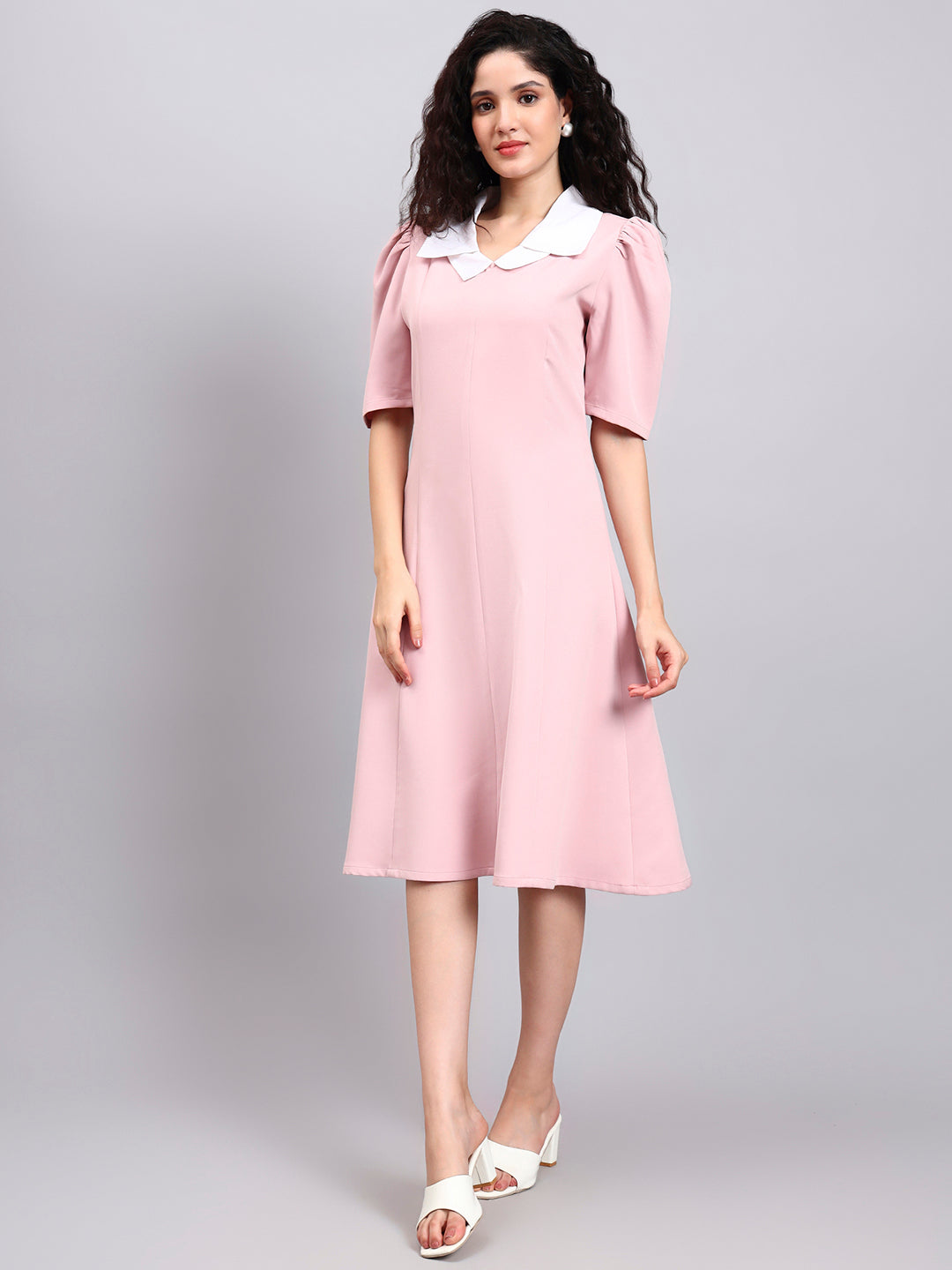 Elegant Baby Pink Dress with Crisp White Collar Accent