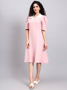 Elegant Baby Pink Dress with Crisp White Collar Accent