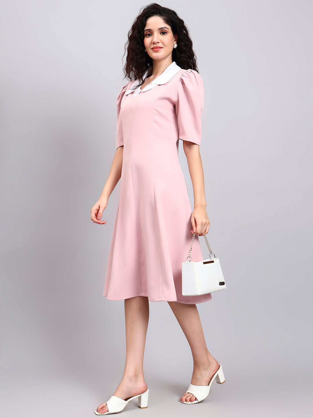 Elegant Baby Pink Dress with Crisp White Collar Accent