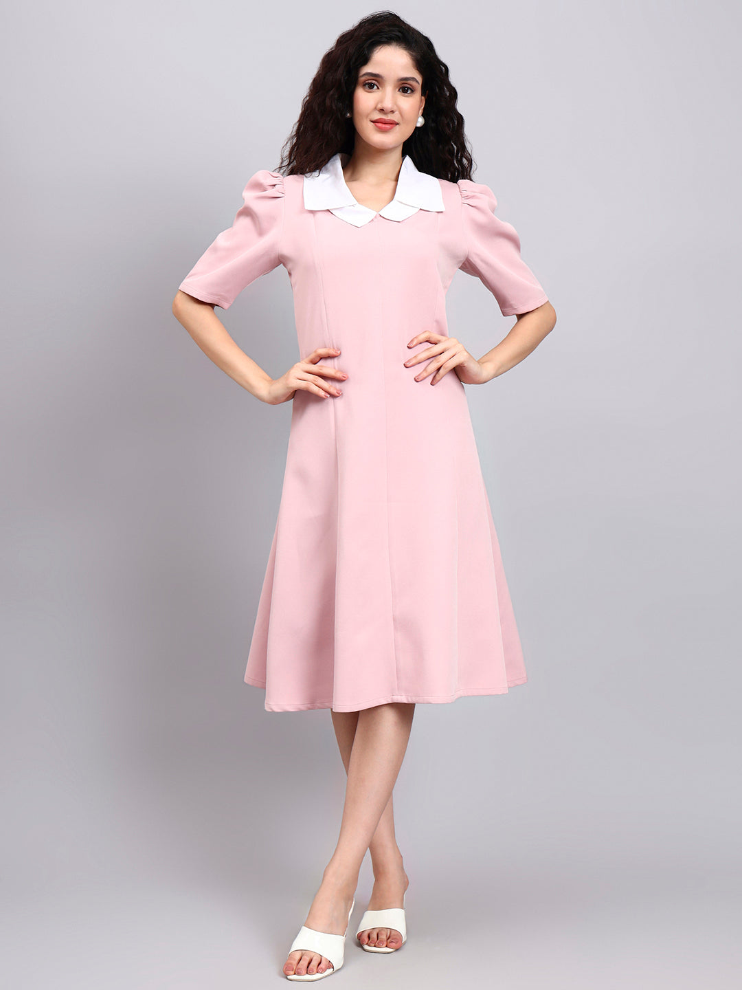 Elegant Baby Pink Dress with Crisp White Collar Accent