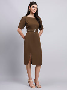 Elegant Brown Dress with crystal-embellished belt