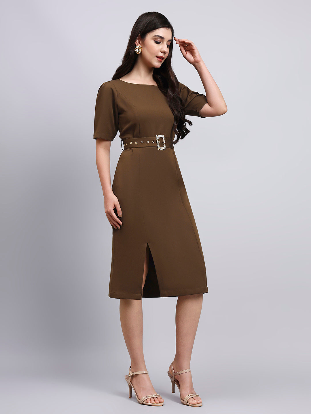 Elegant Brown Dress with crystal-embellished belt