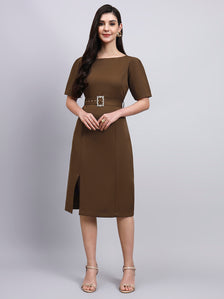 Elegant Brown Dress with crystal-embellished belt