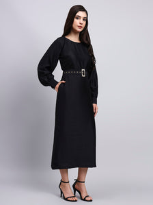 Classic Black Belted Midi Dress