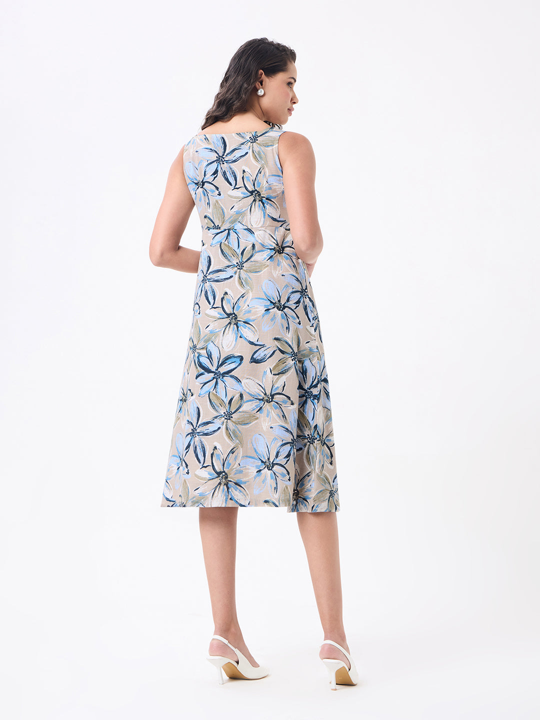 Women Beige Midi Flared Dresses