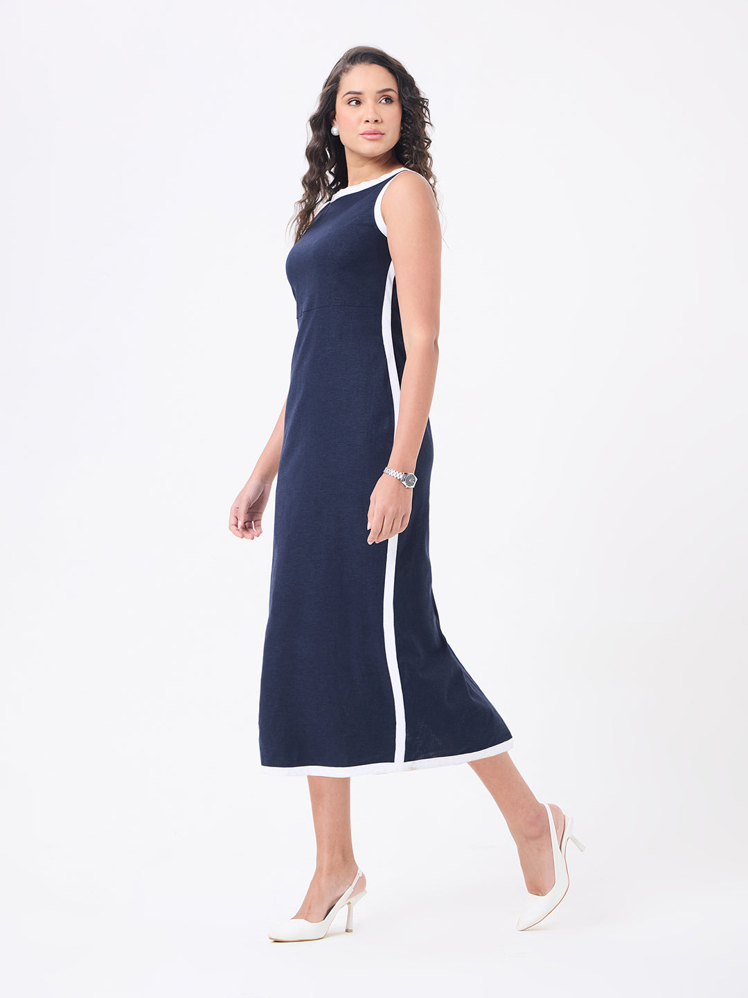 Women Blue Maxi Cotton-Linen Straight Dress