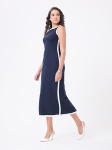 Women Blue Maxi Cotton-Linen Straight Dress