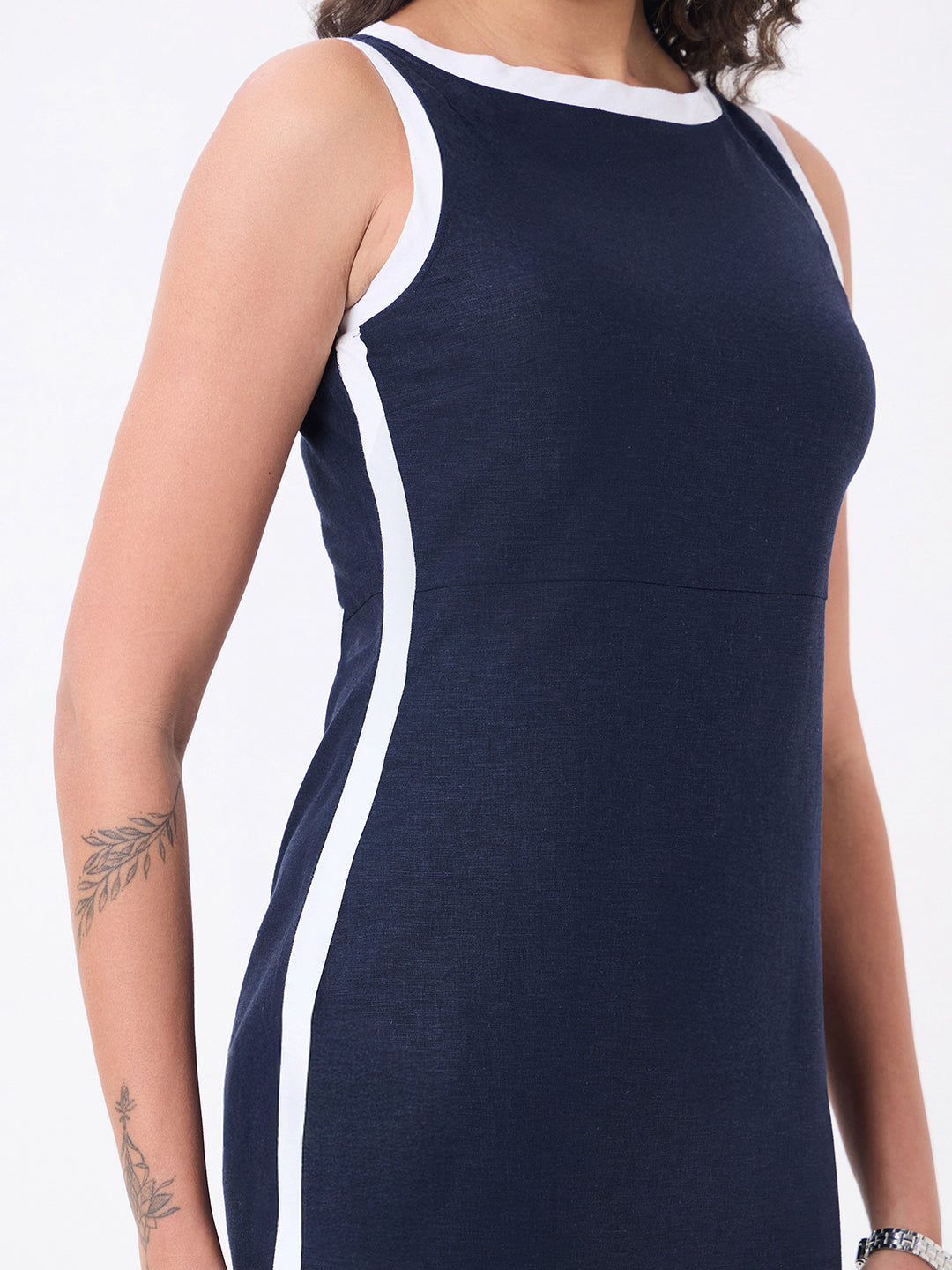 Women Blue Maxi Cotton-Linen Straight Dress