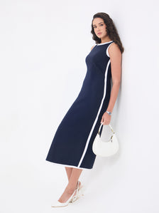 Women Blue Maxi Cotton-Linen Straight Dress