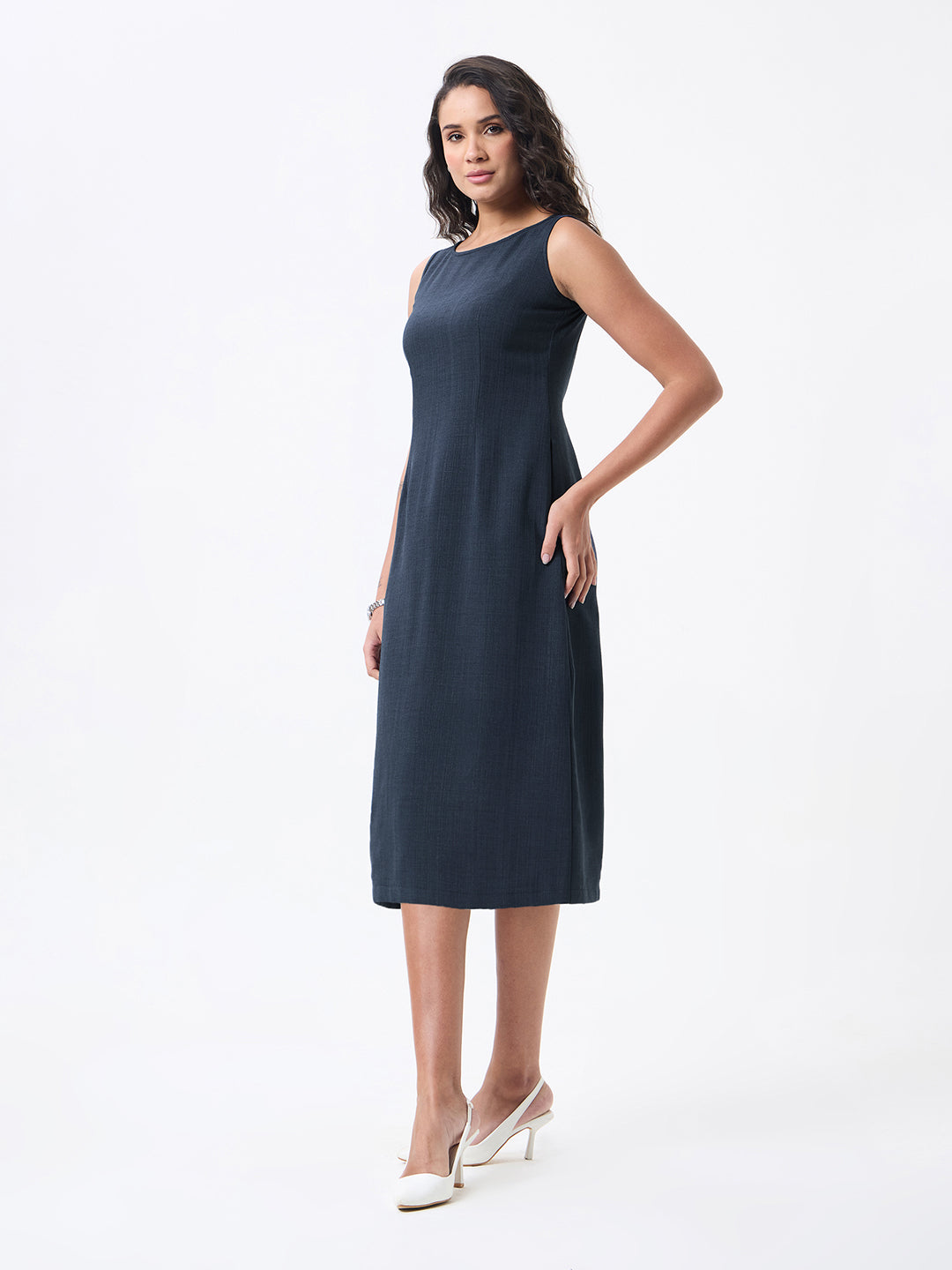 Women Navy Blue Midi Dress with Notched Lapel Blazer