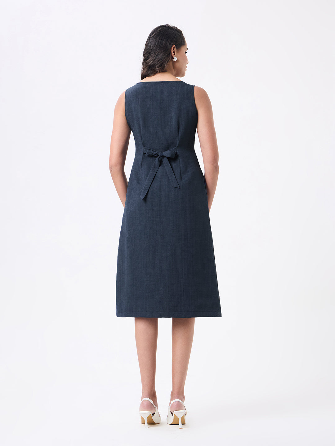 Women Navy Blue Midi Dress with Notched Lapel Blazer