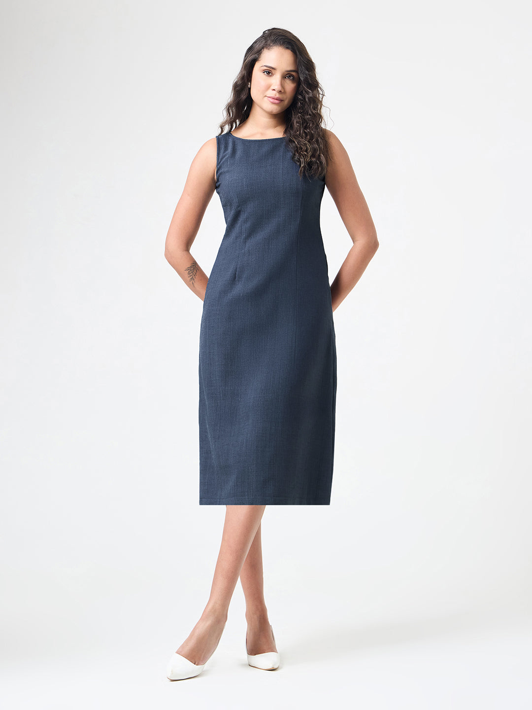 Women Navy Blue Midi Straight Dresses