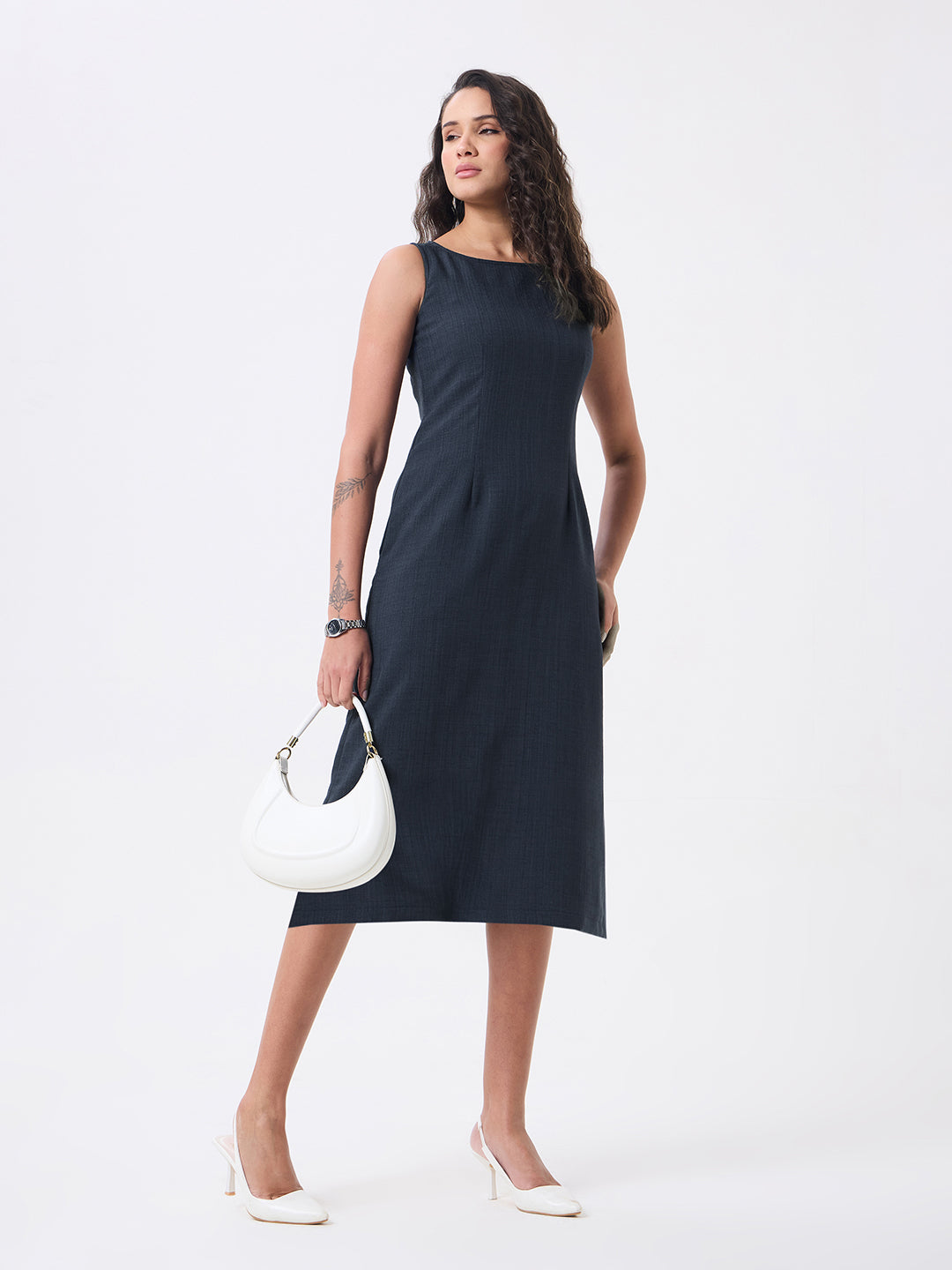 Women Navy Blue Midi Straight Dresses