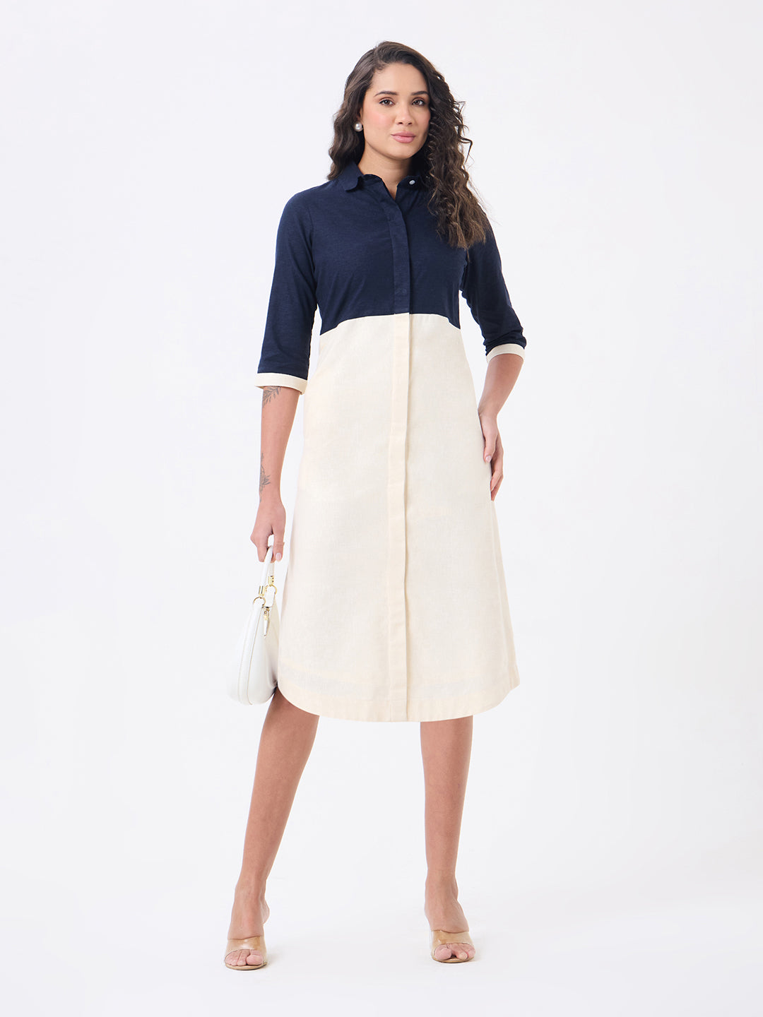 Women Blue & Off White Knee Length Dress