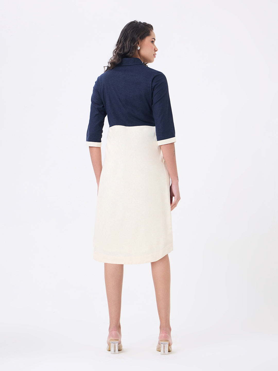 Women Blue & Off White Knee Length Dress