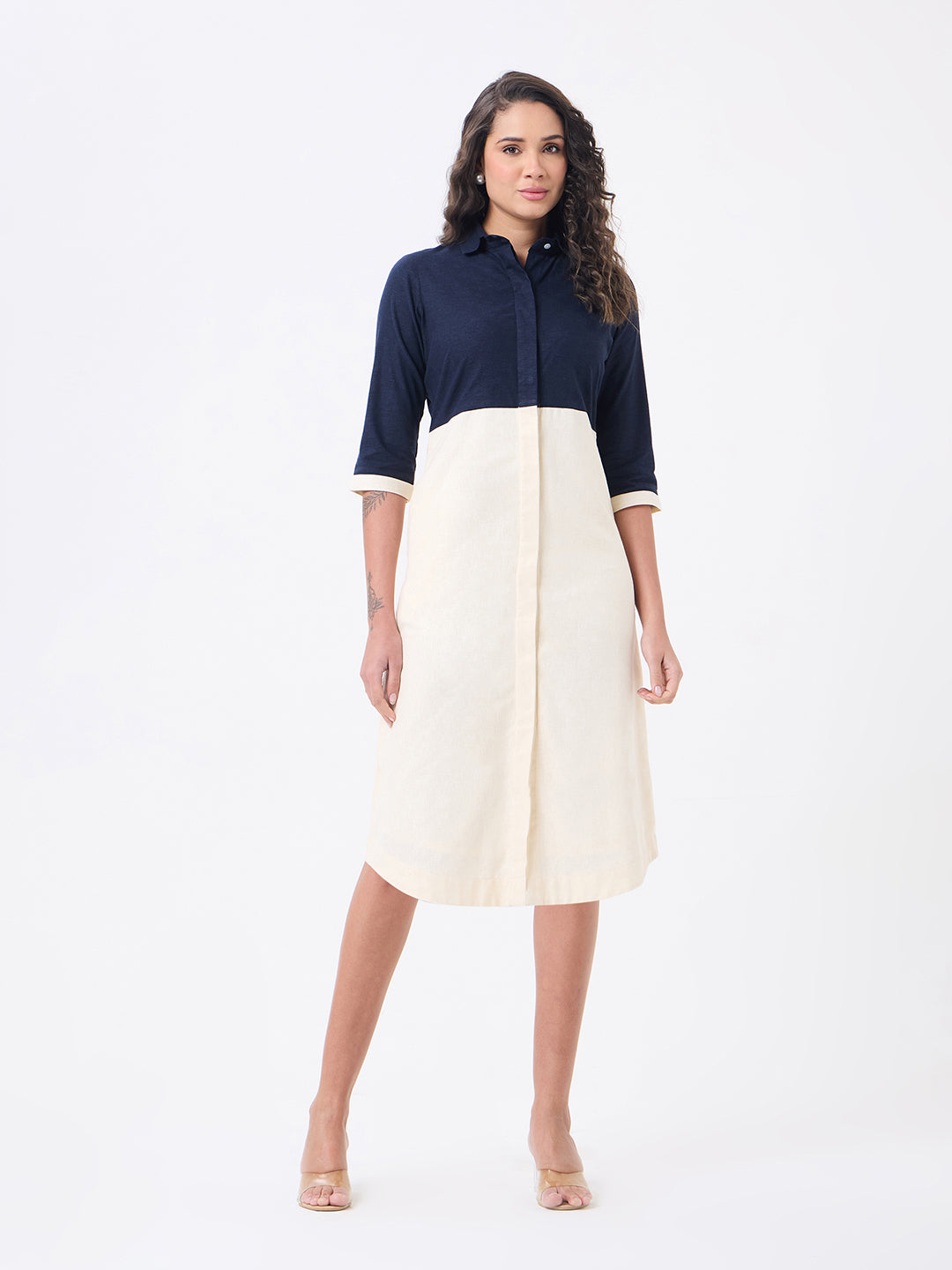 Women Blue & Off White Knee Length Dress