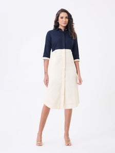 Women Blue & Off White Knee Length Dress
