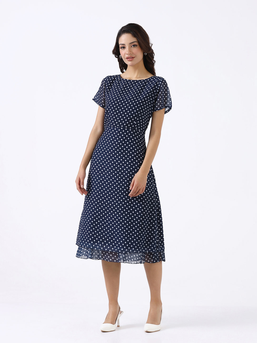 Women Navy Blue Printed A-Line Midi Dress