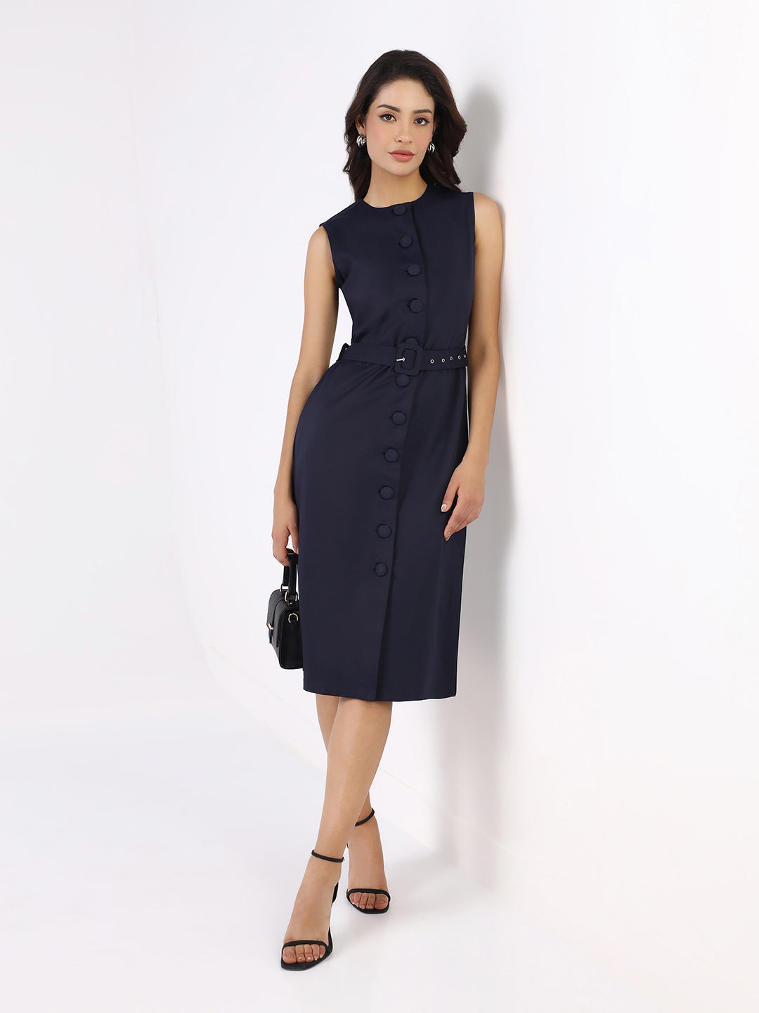 Women Navy Blue Poly Cotton Sleeveless Dress