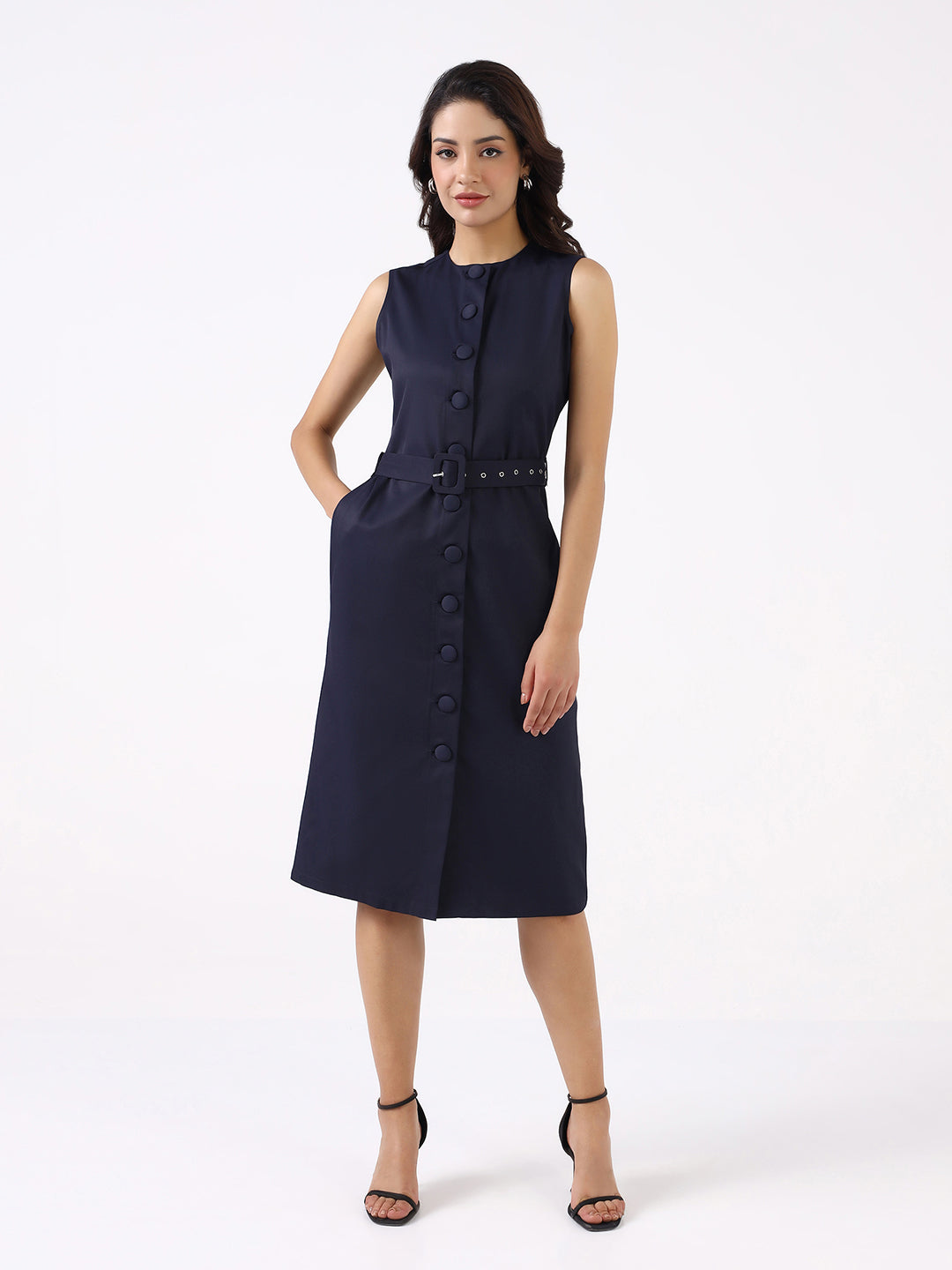 Women Navy Blue Poly Cotton Sleeveless Dress