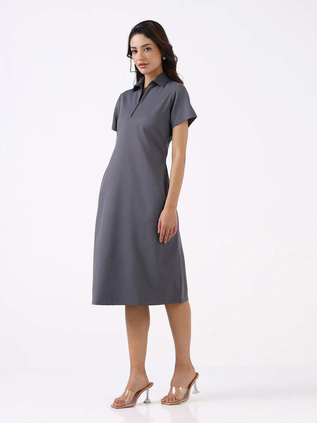 Women Grey Metal Zipper A-line Dress