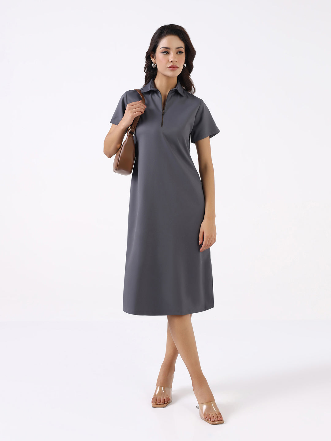 Women Grey Metal Zipper A-line Dress