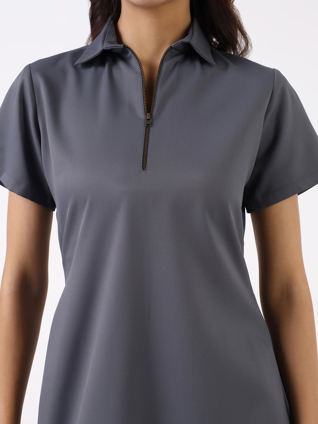 Women Grey Metal Zipper A-line Dress