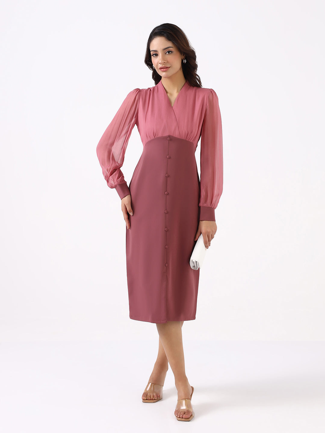 Women Dusty Pink Stretch Sheath Midi Dress
