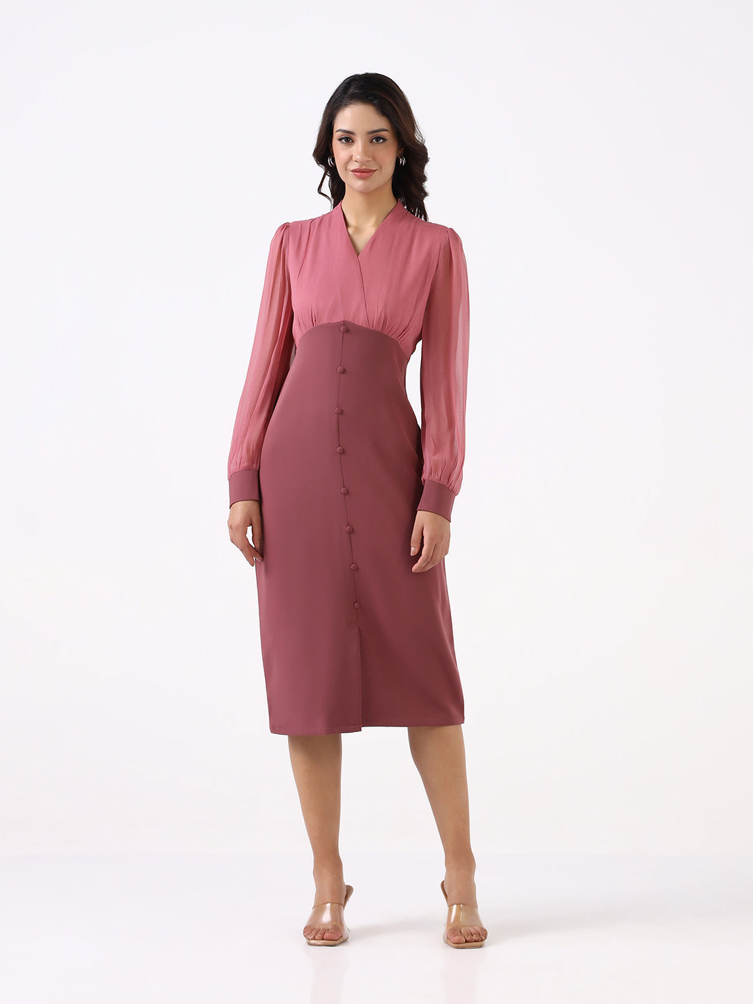 Women Dusty Pink Stretch Sheath Midi Dress