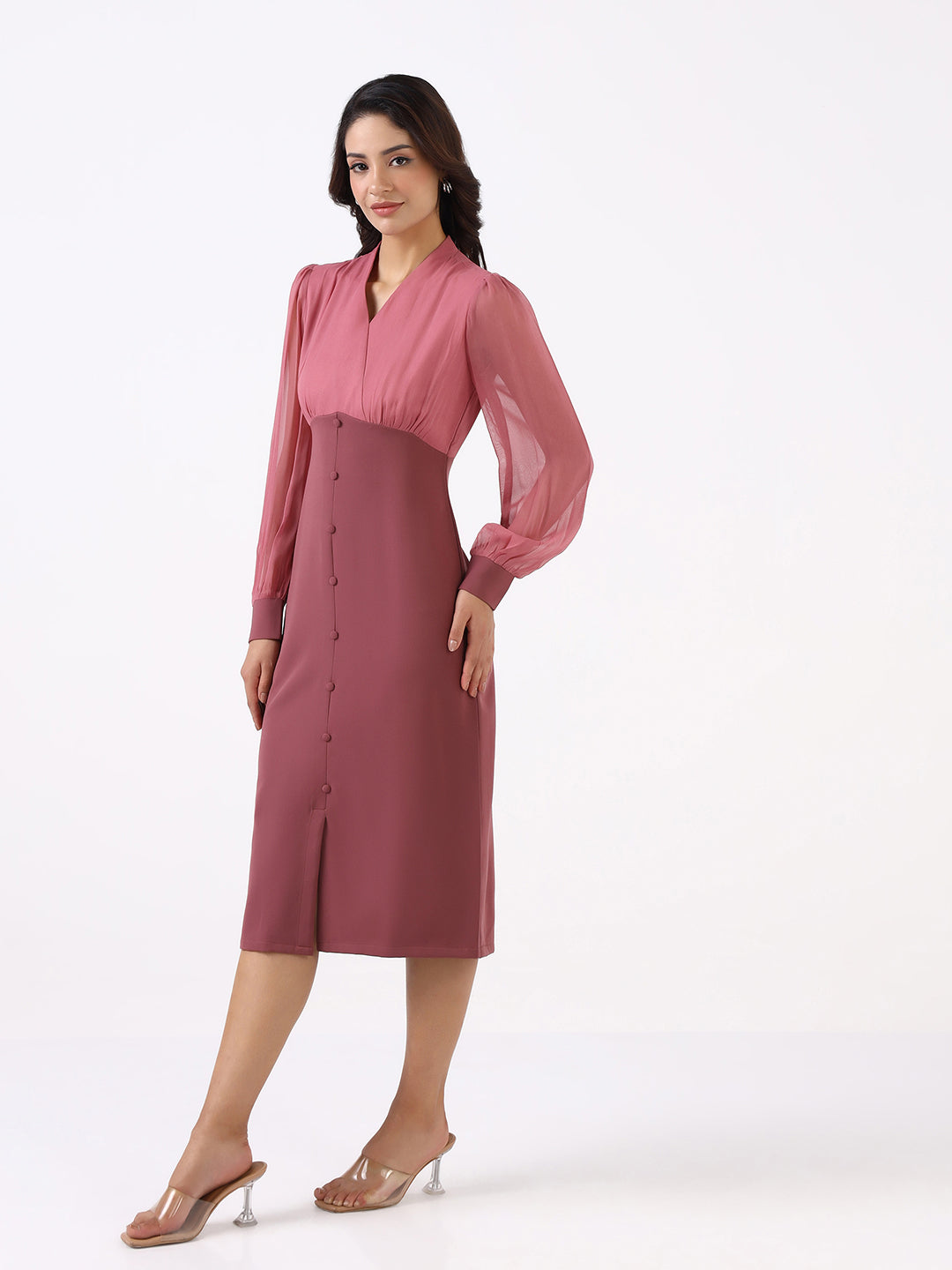 Women Dusty Pink Stretch Sheath Midi Dress