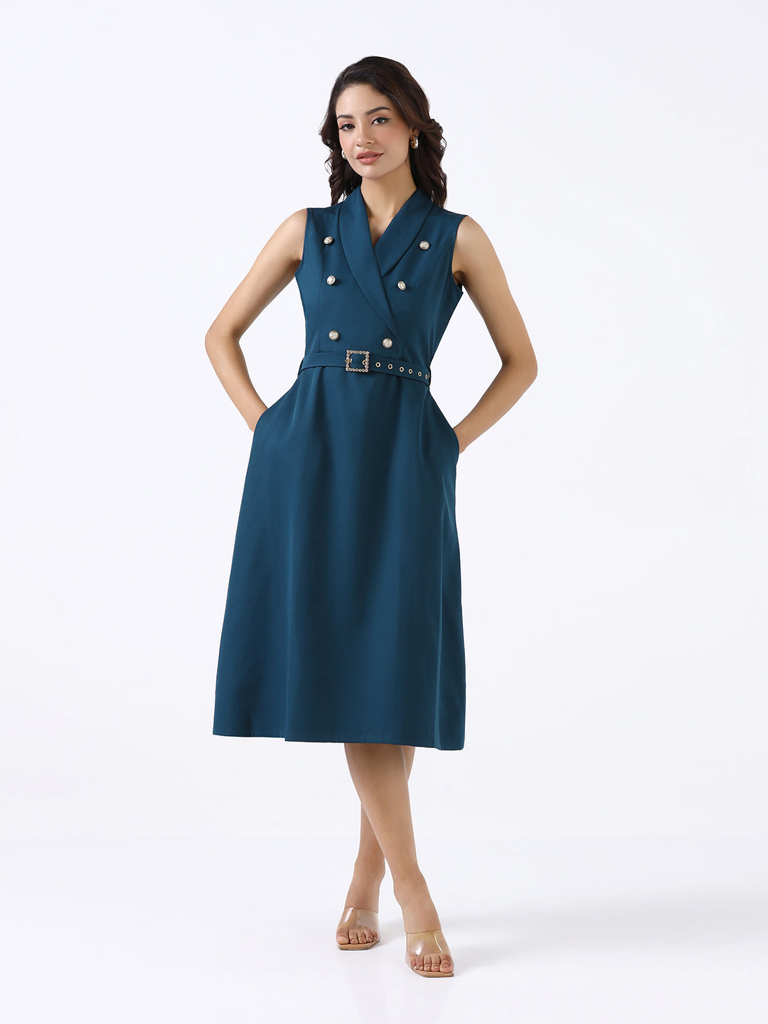 Women Teal Structured Stretch Flared Midi Dress