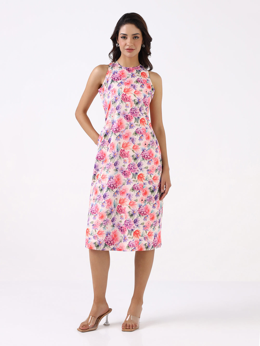 Women Multicolor Floral Stretch A-Line Midi Dress