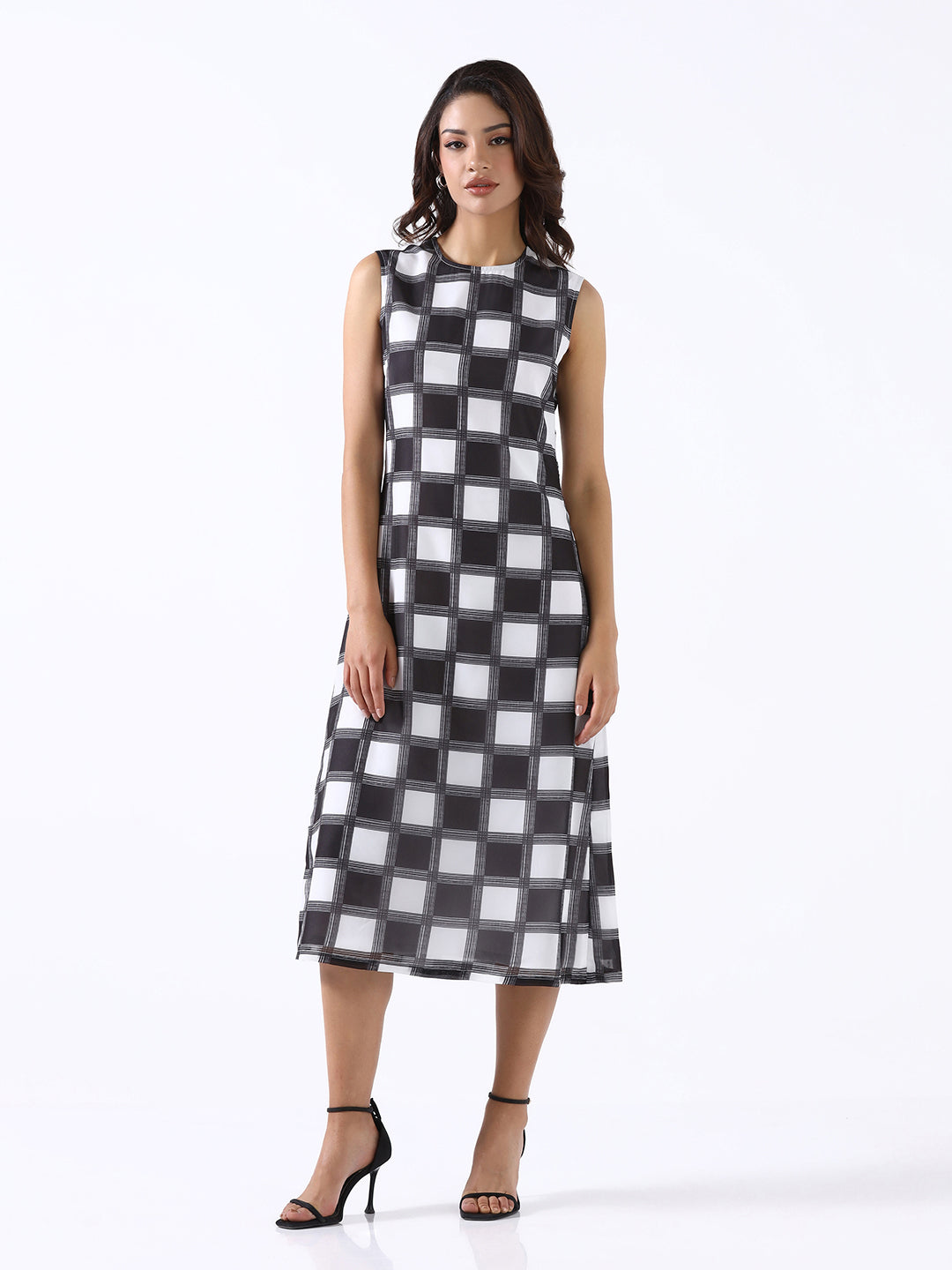 Women Black & White Non-Stretch A-Line Midi Dress