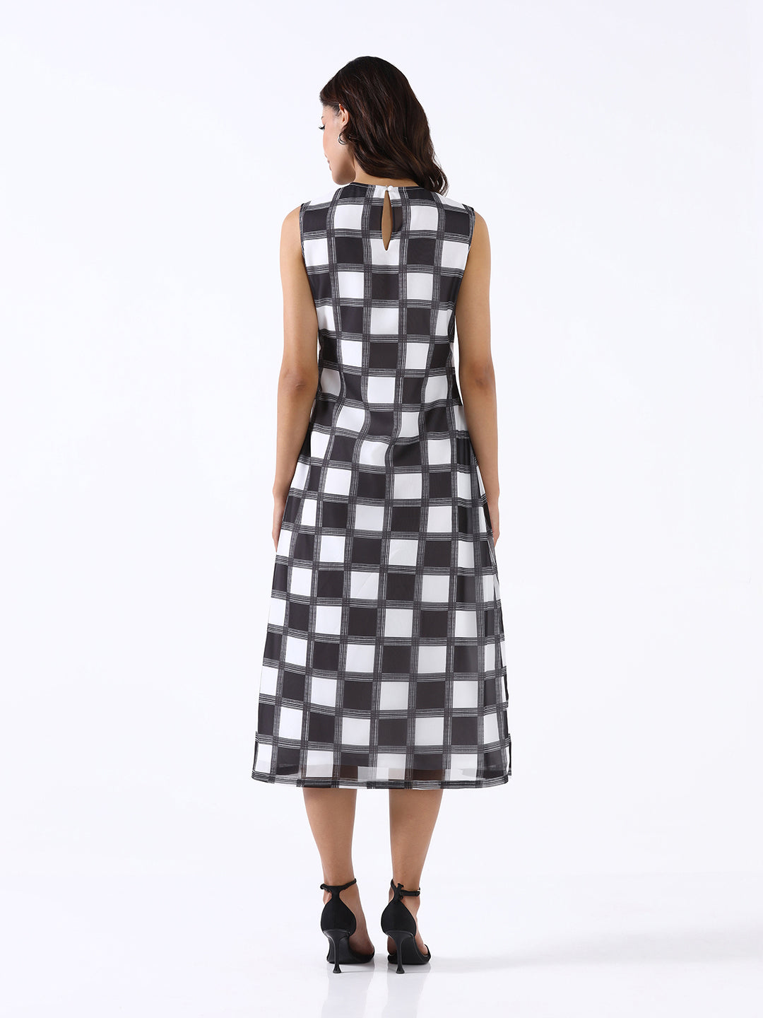 Women Black & White Non-Stretch A-Line Midi Dress