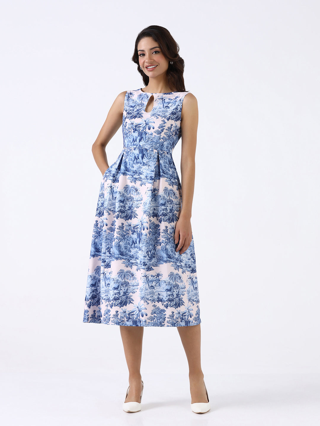 Women Blue Scenic Printed  A-Line Midi Dress