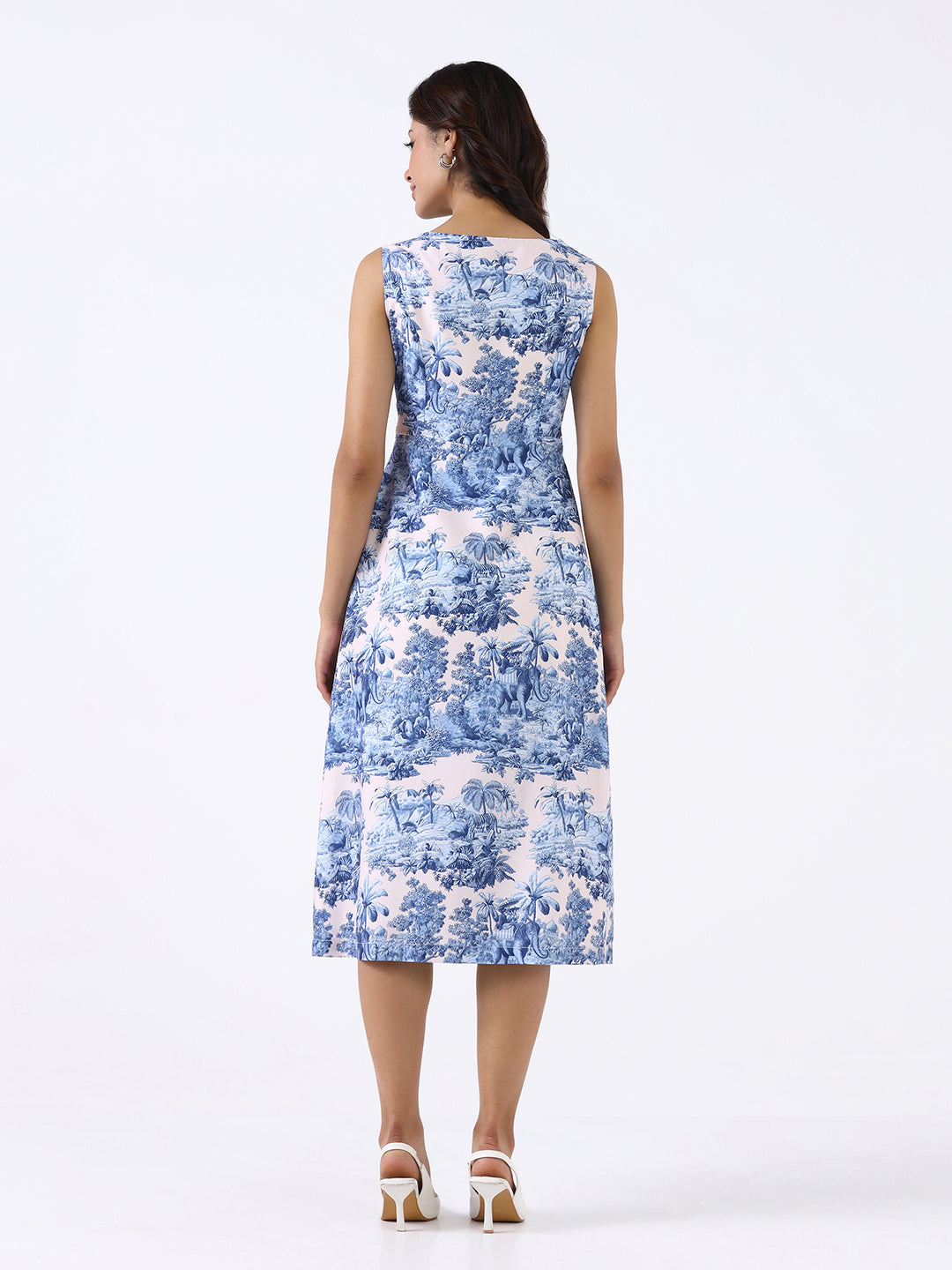 Women Blue Scenic Printed  A-Line Midi Dress