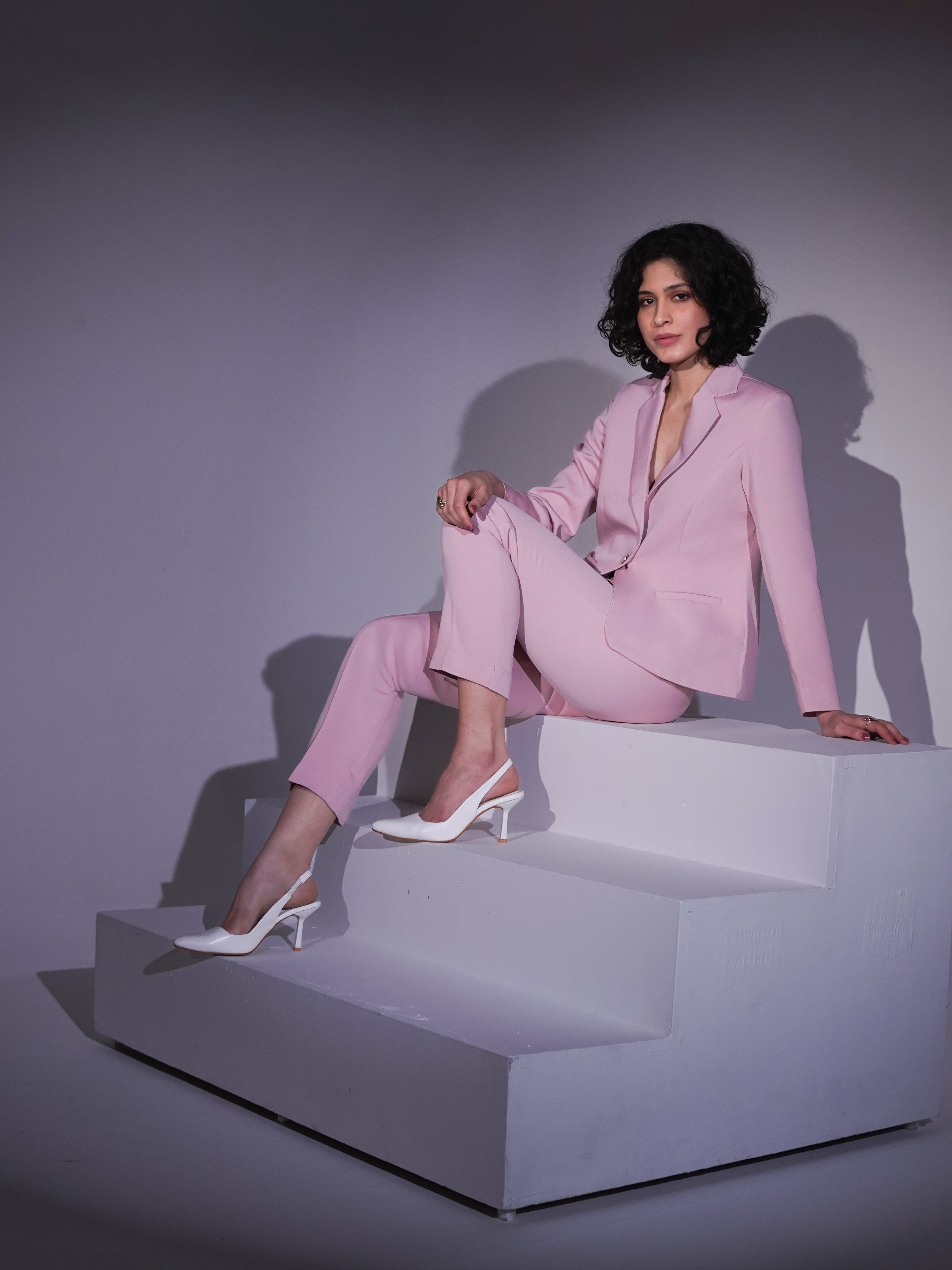 Women Pink Single-Breasted Stretch Formal Pantsuit