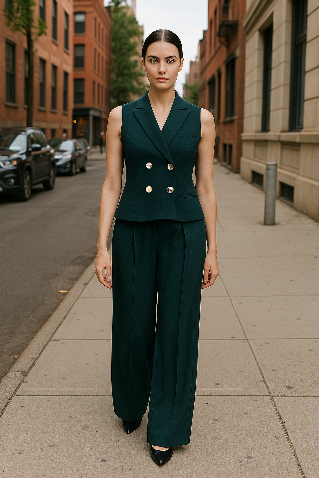 Women Halter Double Breasted Vest With Inverted Pleated Green Co-Ords Set In Stretch Fabric