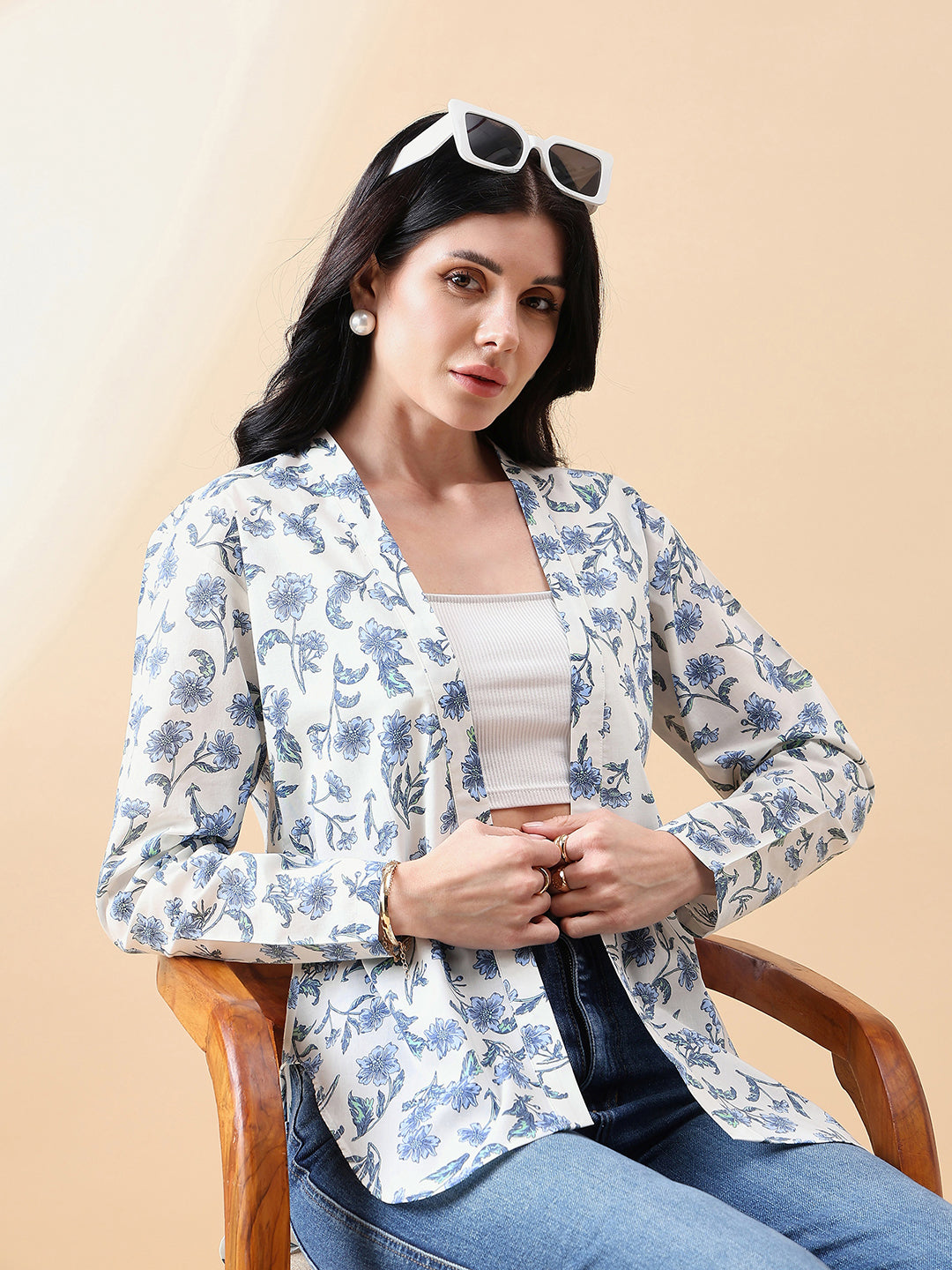 Front Open Cambric Printed Jacket- white and blue
