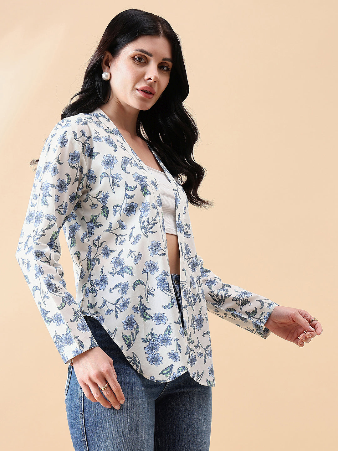Front Open Cambric Printed Jacket- white and blue