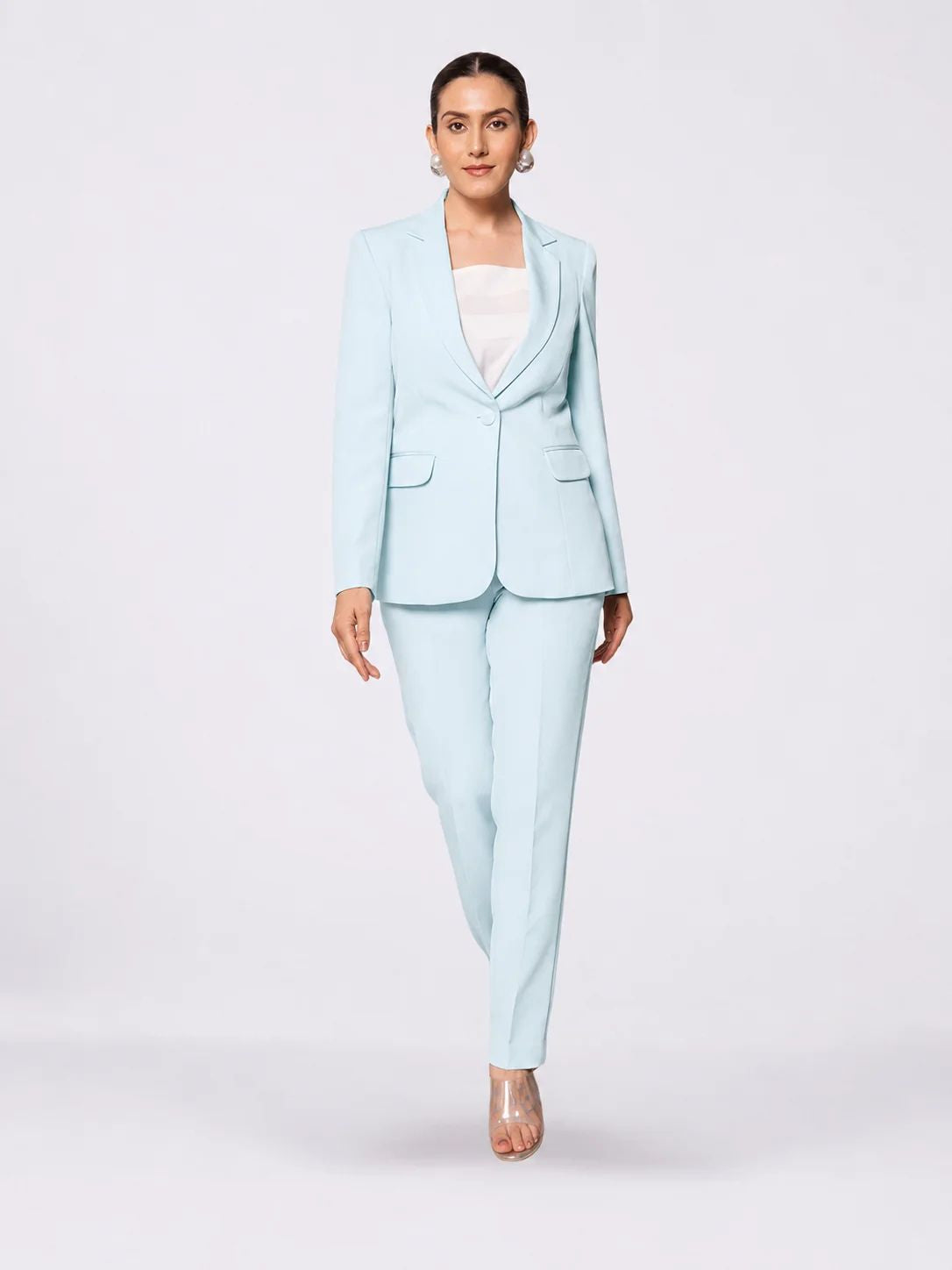 Women Blue Single Breasted Stretch Pant Suit