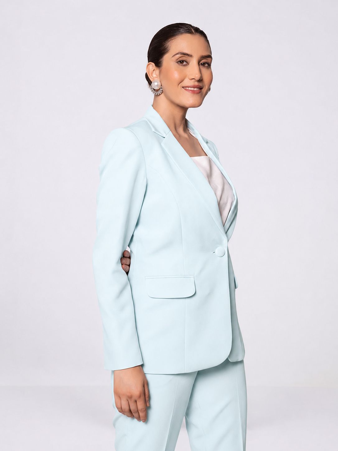 Women Blue Single Breasted Stretch Pant Suit