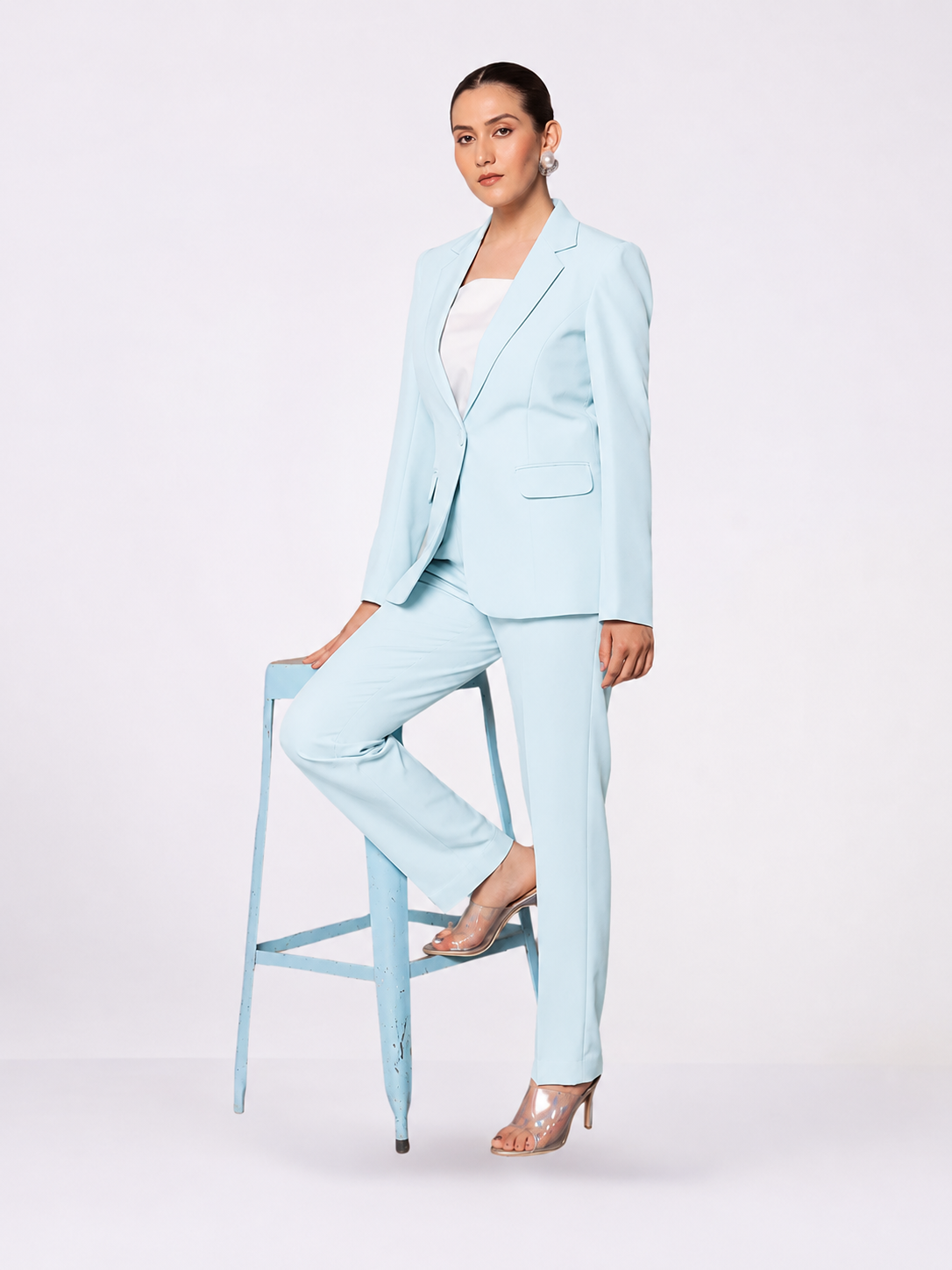 Women Blue Single Breasted Stretch Pant Suit