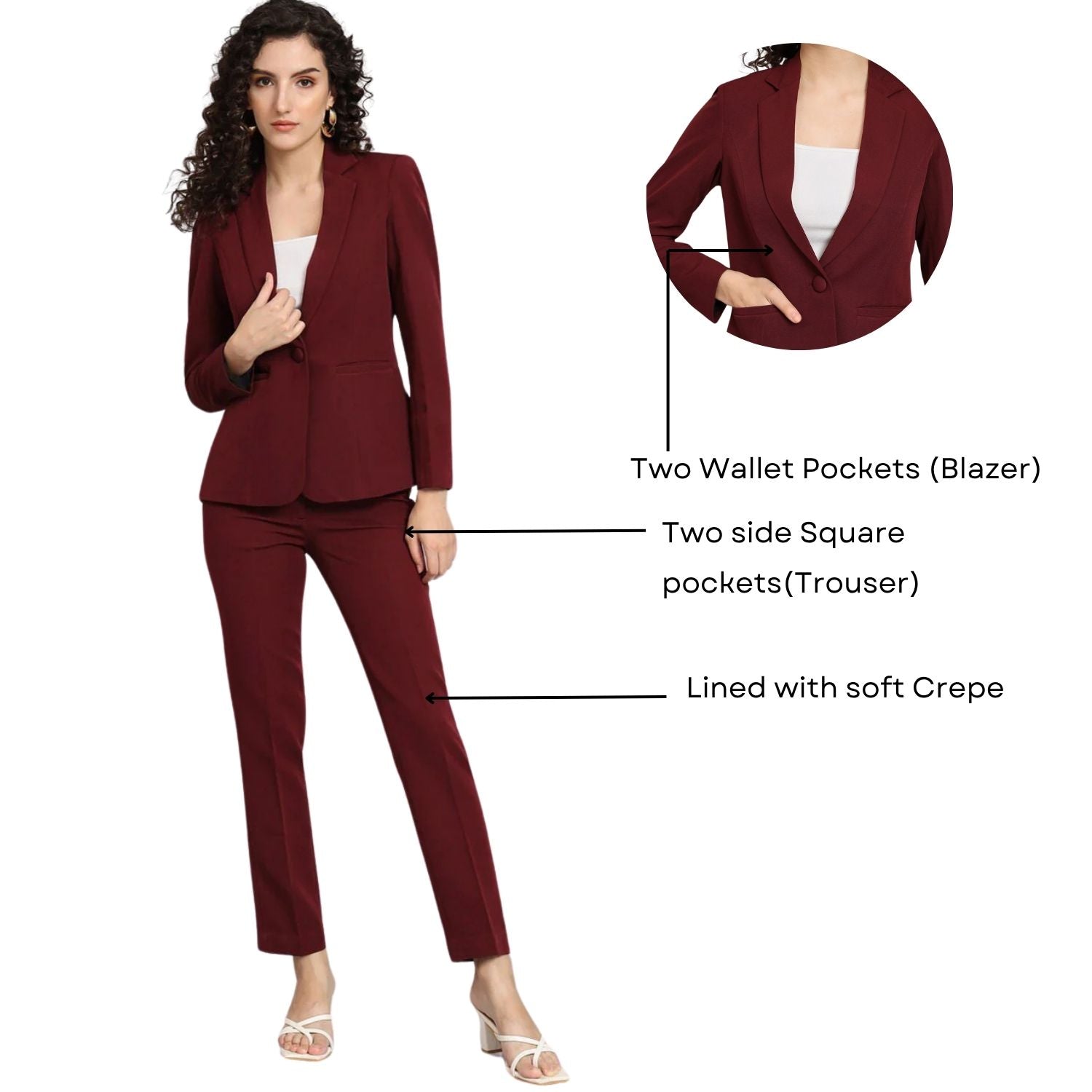 Notched Collar Stretch Pant Suit - Maroon