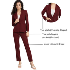 Notched Collar Stretch Pant Suit - Maroon